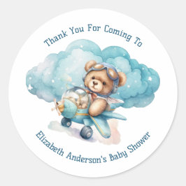Teddy Bear Airplane Boy Baby shower Ronde Sticker