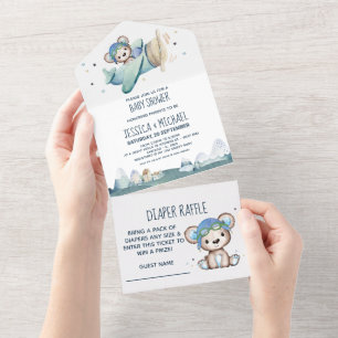 Teddy Bear Airplane Diaper Raffle and Baby shower All In One Uitnodiging