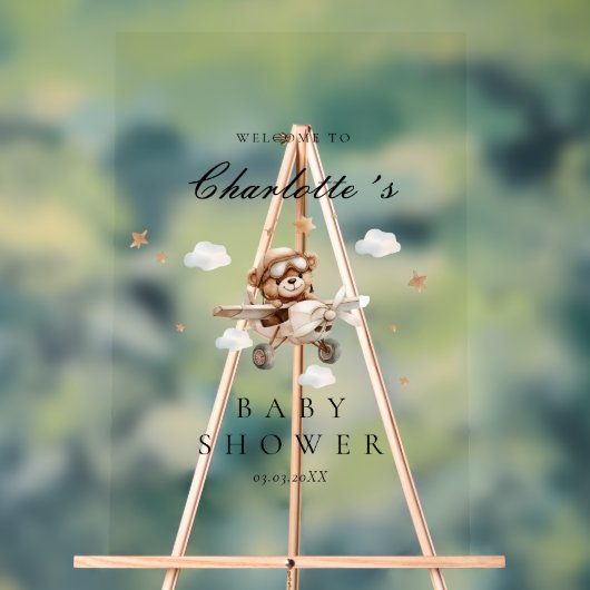 Teddy Bear & Airplane Welkom Baby shower Acryl Bord (Neutraal)
