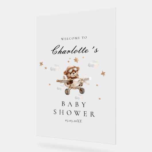 Teddy Bear & Airplane Welkom Baby shower Acryl Bord (Hoek)
