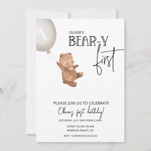 Teddy bear and balloon Bear-y first 1st birthday Kaart (Voorkant)