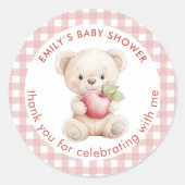 Teddy Bear Apple Gingham Bedankt Baby shower Ronde Sticker (Voorkant)