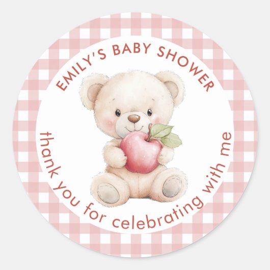Teddy Bear Apple Gingham Bedankt Baby shower Ronde Sticker (Voorkant)