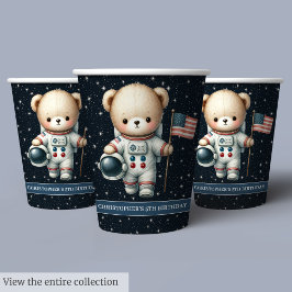 Teddy Bear Astronaut Boy Verjaardagsfeestje Papier Papieren Bekers