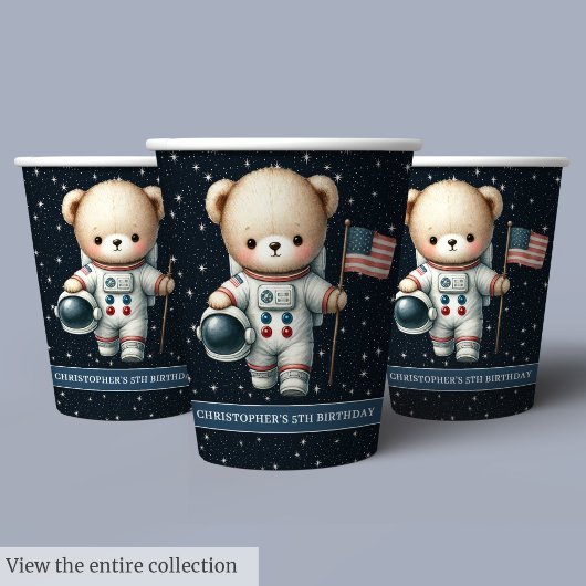 Teddy Bear Astronaut Boy Verjaardagsfeestje Papier Papieren Bekers
