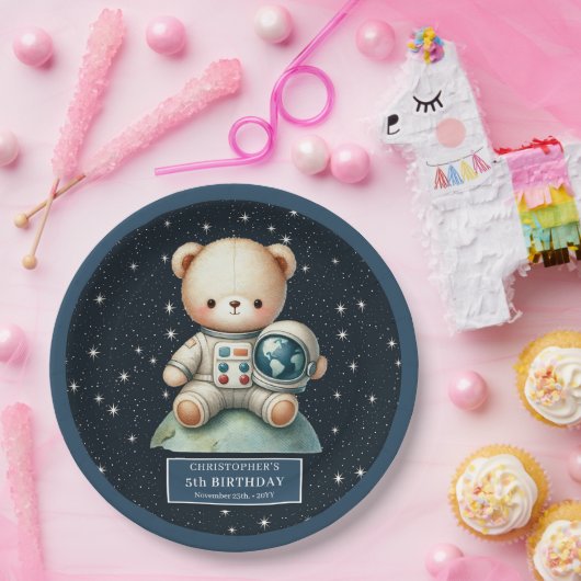 Teddy Bear Astronaut Custom Name Baby shower Bord (Feest)