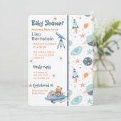 Teddy Bear Astronaut In Space Baby Shower Kaart (Staand voorkant)