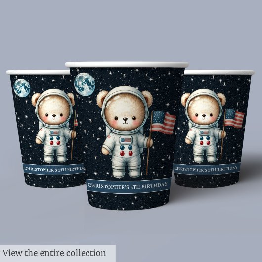Teddy Bear Astronaut Space Party Cups Baby Boy Papieren Bekers