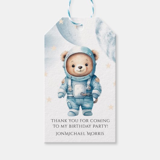 Teddy Bear Astronaut Verjaardagsfeestje Dank je ka Cadeaulabel (Voorkant)