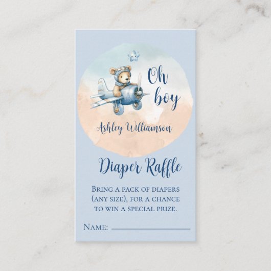 Teddy Bear Aviator Luier Raffle voor Baby shower Informatiekaartje (Voorkant)