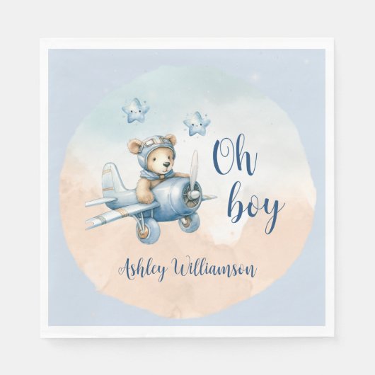 Teddy Bear Aviator Oh Boy Baby shower Servet (Voorkant)