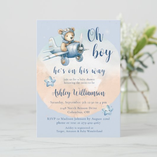 Teddy Bear Aviator Oh Boy Baby shower Uitnodiging (Staand voorkant)