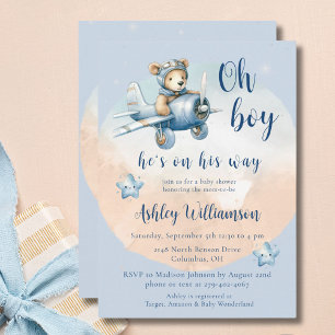 Teddy Bear Aviator Oh Boy Baby shower Uitnodiging