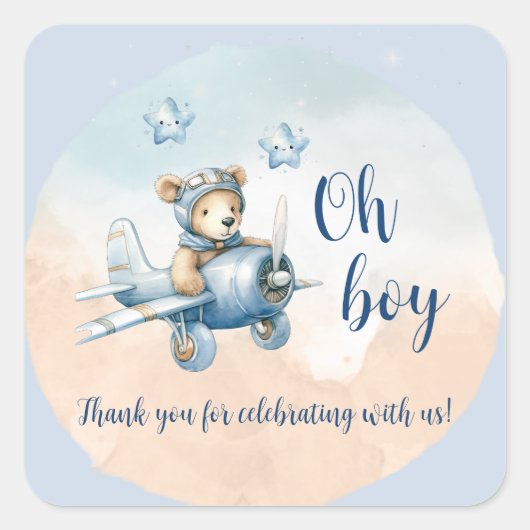 Teddy Bear Aviator Oh Boy Baby shower Vierkante Sticker (Voorkant)