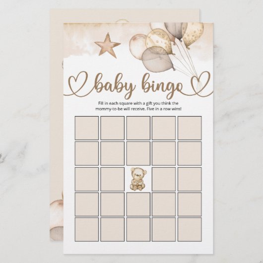 Teddy Bear Baby Baby shower Bingo Game (Voorkant / Achterkant)