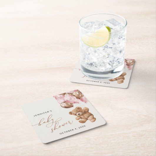 Teddy Bear, Baby Bear, Pink Balloons, Baby Shower Kartonnen Onderzetters (Insitu)