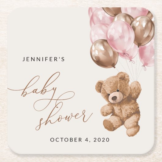 Teddy Bear, Baby Bear, Pink Balloons, Baby Shower Kartonnen Onderzetters (Voorkant)