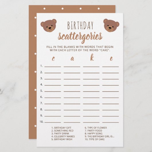 Teddy Bear Baby Birthday Cake Scattergories Game (Voorkant / Achterkant)