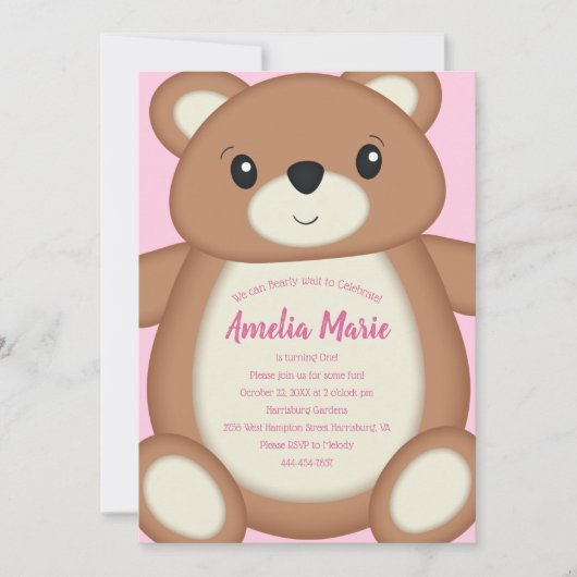 Teddy Bear Baby Birthday Party Pink Kaart (Voorkant)