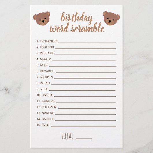 Teddy Bear Baby Birthday Word Scrambe Game (Voorkant)
