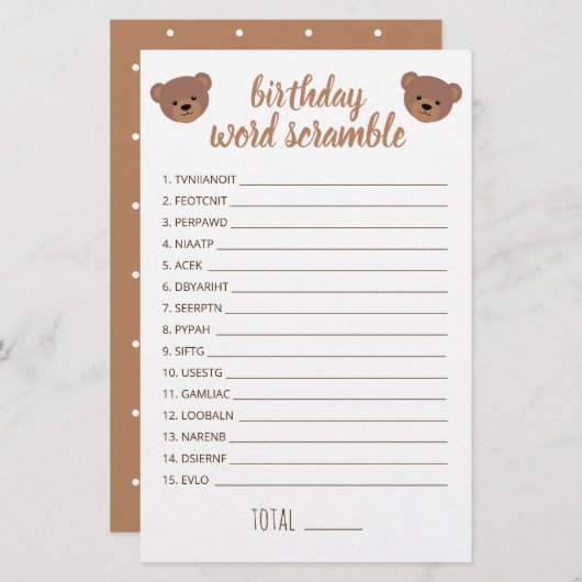Teddy Bear Baby Birthday Word Scrambe Game (Voorkant / Achterkant)