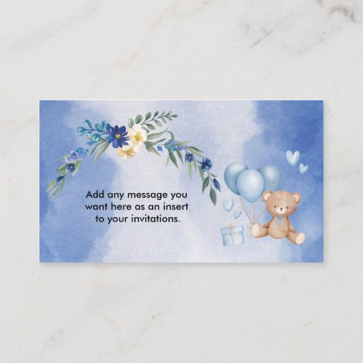 Teddy Bear Baby Blue Ballon Blank Informatiekaartje (Achterkant)