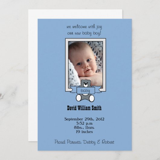 Teddy Bear - baby boy - bekendmakingskaarten Aankondiging (Voorkant / Achterkant)