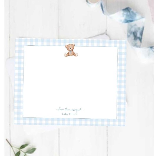 Teddy Bear Baby Boy blauw en wit Gingham Border Bedankkaart