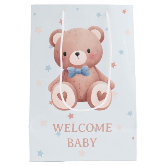Teddy Bear Baby Boy Shower - Soft Blue Stars Medium Cadeauzakje (Achterkant)