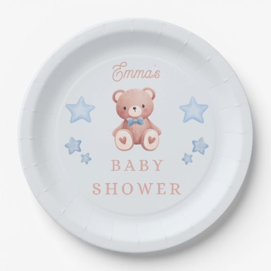 Teddy Bear Baby Boy Shower - Soft Blue Stars Papieren Bordje (Voorkant)