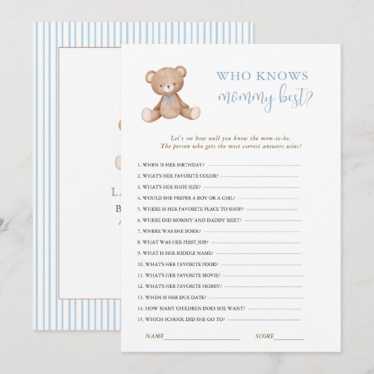 Teddy Bear Baby Boy Shower spel Kaart (Voorkant / Achterkant)
