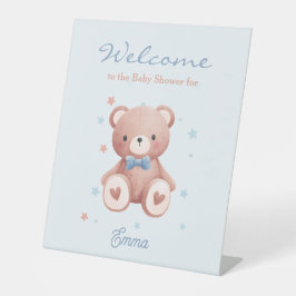 Teddy Bear Baby Boy Shower with Soft Blue Stars Reclamebord Met Voetstuk