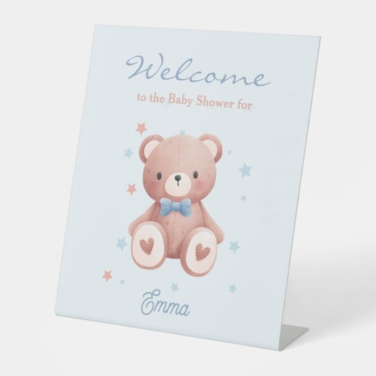 Teddy Bear Baby Boy Shower with Soft Blue Stars Reclamebord Met Voetstuk (Voorkant)