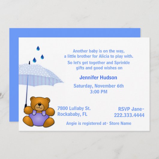 Teddy Bear Baby Boy Sprinkle Shower - Uitnodiging (Voorkant / Achterkant)