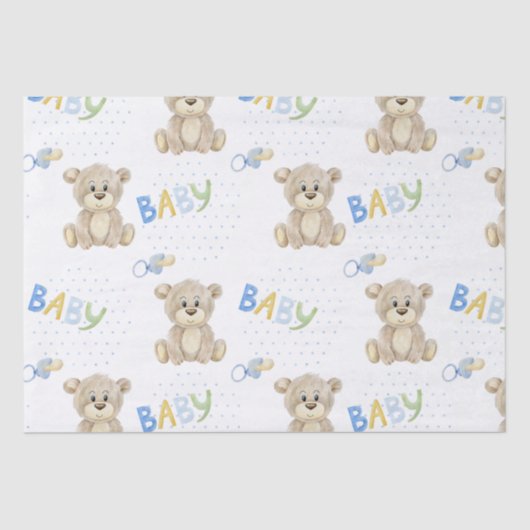 Teddy Bear Baby Boy Waterverf Baby shower Tissuepapier (Voorkant)