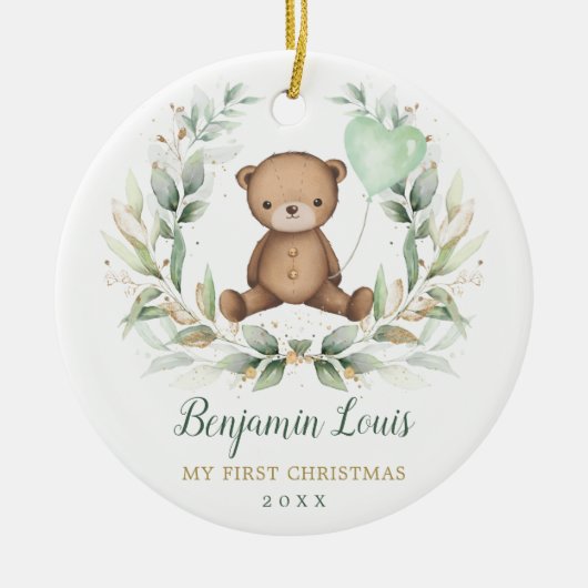 Teddy Bear Baby Eerste Eerste Eerste Kerstkerst Gr Keramisch Ornament (Voorkant)