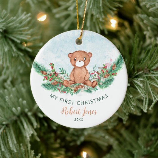 Teddy Bear Baby Eerste Eerste Kerstfeest Greenery Keramisch Ornament (Boom)