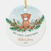 Teddy Bear Baby Eerste Eerste Kerstfeest Greenery Keramisch Ornament (Voorkant)