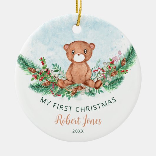 Teddy Bear Baby Eerste Eerste Kerstfeest Greenery Keramisch Ornament (Voorkant)