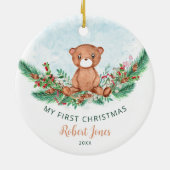 Teddy Bear Baby Eerste Eerste Kerstfeest Greenery Keramisch Ornament (Achterkant)