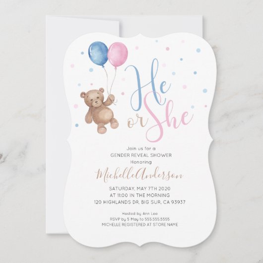 Teddy Bear Baby Gender onthullen Shower Invitation Kaart (Voorkant)