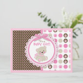 Teddy Bear Baby Girl Baby shower Roze Kaart (Staand voorkant)