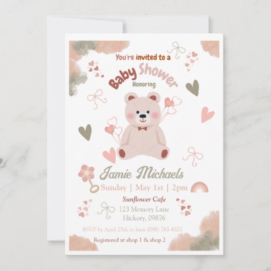 Teddy Bear Baby Girl Baby shower Uitnodiging (Voorkant)