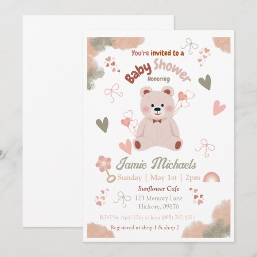 Teddy Bear Baby Girl Baby shower Uitnodiging (Voorkant / Achterkant)