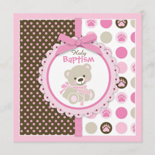 Teddy Bear Baby Girl Baptism Roze Kaart