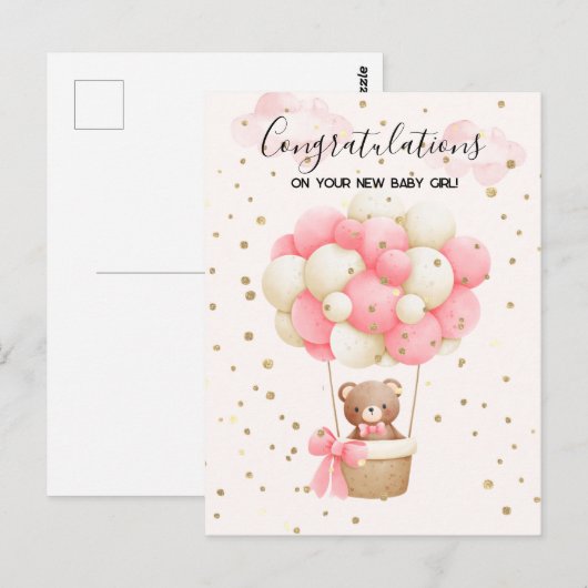 Teddy Bear Baby Girl felicitaties Kaart (Voorkant / Achterkant)