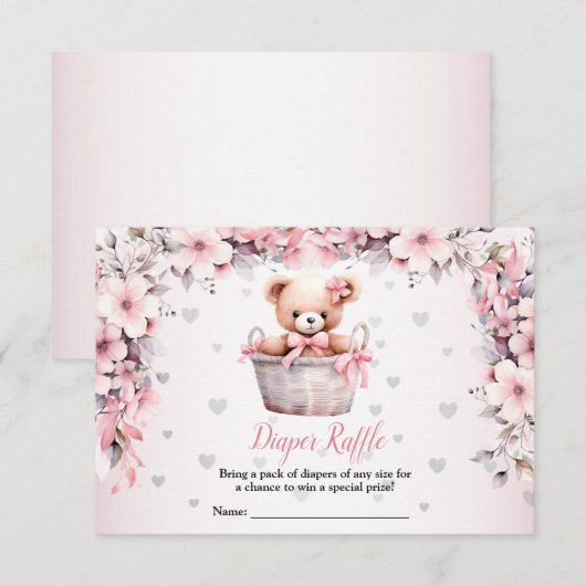 Teddy Bear Baby Girl Pink Flowers Baby shower Informatiekaartje (Voorkant / Achterkant)
