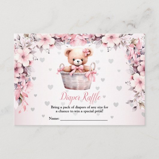 Teddy Bear Baby Girl Pink Flowers Baby shower Informatiekaartje (Voorkant)