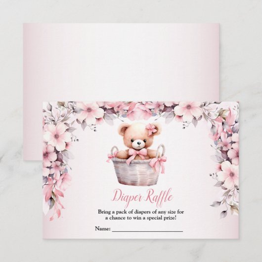 Teddy Bear Baby Girl Pink Flowers Baby shower Informatiekaartje (Voorkant / Achterkant)