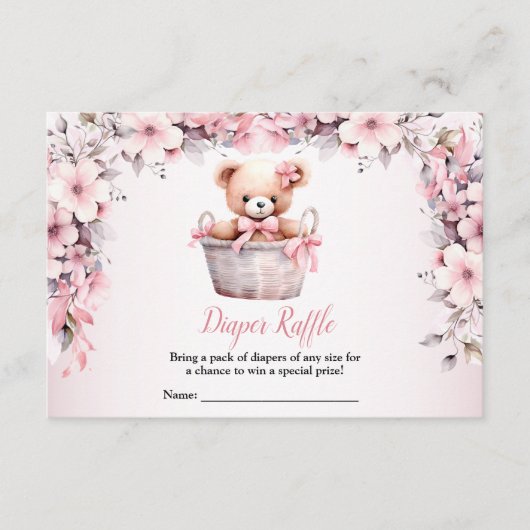 Teddy Bear Baby Girl Pink Flowers Baby shower Informatiekaartje (Voorkant)